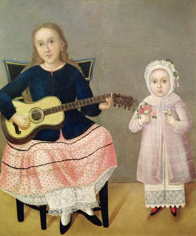 Young Girl with a Guitar and Child with a Bouquet by Mexican School